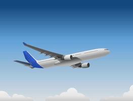 un avión con una cola azul que vuela por el cielo azul vector