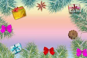 fondo de invierno. composición navideña con ramas de abeto y regalos. foto
