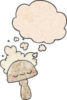 cartoon mushroom with spoor cloud and thought bubble in grunge texture pattern style vector