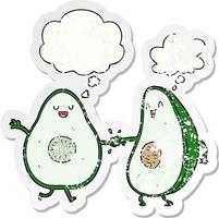 cartoon dancing avocados and thought bubble as a distressed worn sticker vector