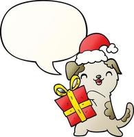 lindo cachorro de dibujos animados y regalo de navidad y sombrero y burbuja de habla en un estilo de gradiente suave vector