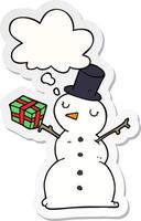 cartoon snowman and thought bubble as a printed sticker vector