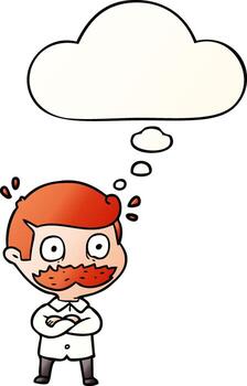 cartoon man with mustache shocked and thought bubble in smooth gradient style vector