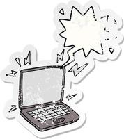 cartoon laptop computer and speech bubble distressed sticker vector