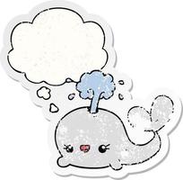 cute cartoon whale and thought bubble as a distressed worn sticker vector