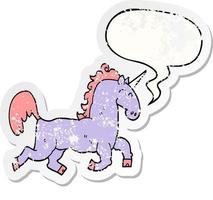 cartoon unicorn and speech bubble distressed sticker vector