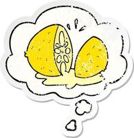 cartoon cut lemon and thought bubble as a distressed worn sticker vector