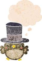 cartoon owl wearing top hat and thought bubble in retro textured style vector