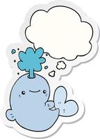 cartoon whale spouting water and thought bubble as a printed sticker vector