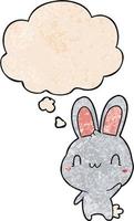 cartoon rabbit waving and thought bubble in grunge texture pattern style vector