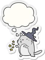 cartoon cat wizard and thought bubble as a printed sticker vector