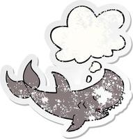 cartoon shark and thought bubble as a distressed worn sticker vector