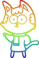 rainbow gradient line drawing happy cartoon cat in winter clothes vector