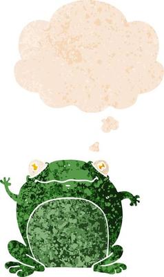 cartoon frog and thought bubble in retro textured style