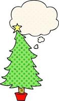 cartoon christmas tree and thought bubble in comic book style vector