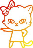 dibujo de línea de gradiente cálido lindo gato de dibujos animados con vestido vector