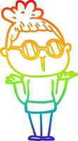 rainbow gradient line drawing cartoon shrugging woman wearing spectacles vector