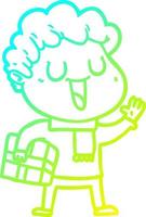 cold gradient line drawing laughing cartoon man with present vector