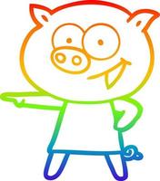 rainbow gradient line drawing cheerful pig in dress pointing cartoon vector