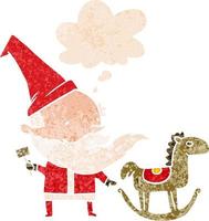 cartoon santa making toy and thought bubble in retro textured style vector