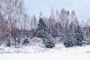 pueblo en el bosque cubierto de nieve de invierno. tarjeta de vacaciones foto