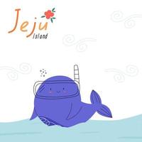 Cute whale swimming in the sea or ocean, poster cartoon flat vector illustration. Jeju island inscription, travel postcard. Childish sea mammal swimming with snorkeling mask.