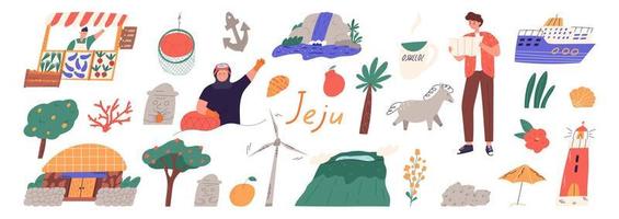 Set of Jeju island landmarks and symbol icons, cartoon flat vector illustration isolated on white background. Hallasan mountain, Haenyeo woman, Dolhareuband, lighthouse, ship and tangerine dekopon.