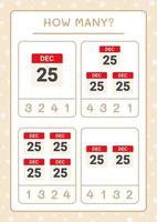 How many christmas calendar, game for children. Vector illustration, printable worksheet