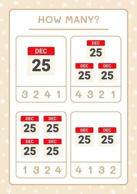 How many christmas calendar, game for children. Vector illustration, printable worksheet