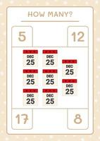 How many christmas calendar, game for children. Vector illustration, printable worksheet