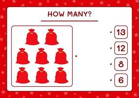 How many santa claus red bag, game for children. Vector illustration, printable worksheet