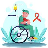 niño con cáncer está sentado en una silla de ruedas