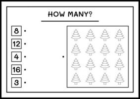 How many christmas tree, game for children. Vector illustration, printable worksheet