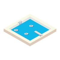 diseño de vector de piscina con los aros salvavidas. vector de piscina con forma de paisaje isométrica. piscina cuadrada con aro salvavidas en verano.