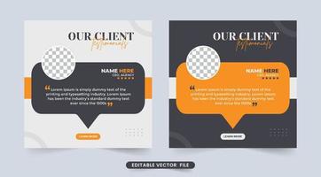 plantilla de testimonio de comentarios de servicio al cliente con color amarillo y oscuro. testimonios de clientes y diseño de diseño de cotizaciones con un marcador de posición de foto. testimonio de comentarios de clientes con sección de calificación de estrellas. vector