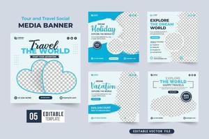 Tour and travel banner design bundle for business promotion. Travel social media post set vector. Vacation and holiday flyer template design. Travel agency advertisement brochure collection vector. vector