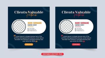 Customer feedback testimonial with star rating section. Customer service feedback layout with yellow and red text on dark background. Client testimonials and review feedback template vector. vector