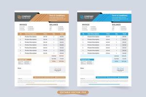 diseño de plantilla de factura mínima para el método de facturación comercial. recibo de precio del producto y vector de factura de acuerdo de pago. diseño de factura comercial con sombra naranja y colores azules. factura de recibo de efectivo