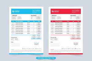 acuerdo de pago y vector de plantilla de factura con color cian y rojo. diseño de factura de facturación de compra y venta de productos con información de pago. plantilla de factura mínima con vector de recibo de precio.