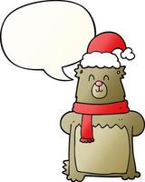 cartoon bear wearing christmas hat and speech bubble in smooth gradient style vector