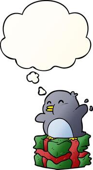 pingüino de dibujos animados en presente y burbuja de pensamiento en estilo degradado suave vector