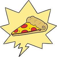 caricatura, rebanada, de, pizza, y, burbuja del discurso vector