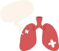 dibujos animados de pulmones reparados y burbujas de habla en estilo retro vector