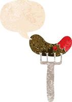 cartoon sausage on fork and speech bubble in retro textured style vector