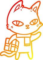 gato de dibujos animados de dibujo de línea de gradiente cálido con regalo vector