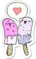 cartoon ice lolly in love and speech bubble distressed sticker vector