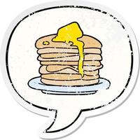 cartoon stack of pancakes and speech bubble distressed sticker vector