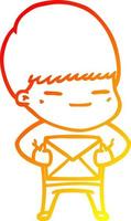 warm gradient line drawing cartoon smug boy carrying present vector