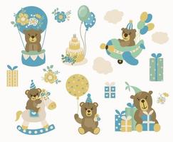 Set of cute hand drawn bears. Congratulatory illustrations. Boho style. White background, isolate. vector