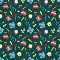 Seamless pattern back to school.  books, paints, alarm clock, calculator, pencil case, scissors, ruler. vector